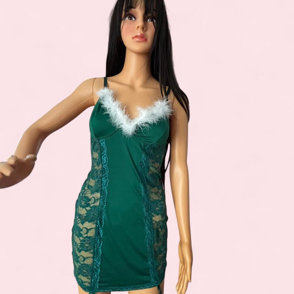 Emerald green lace slip dress